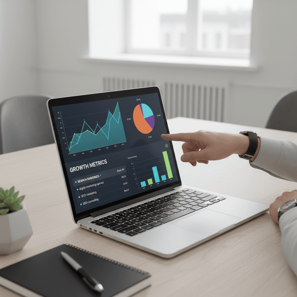 Marketing professional reviewing SEO analytics and search rankings