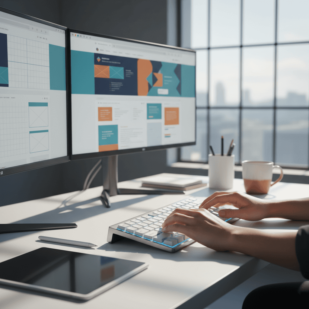 Two web designers collaborating on website design mockups