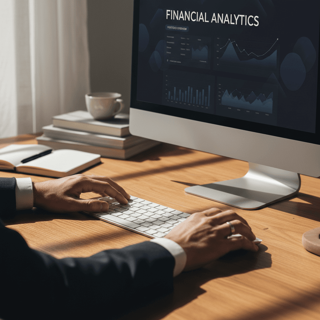 Designer's hands at keyboard creating minimalist financial platform interface on darkly-themed monitor in natural light