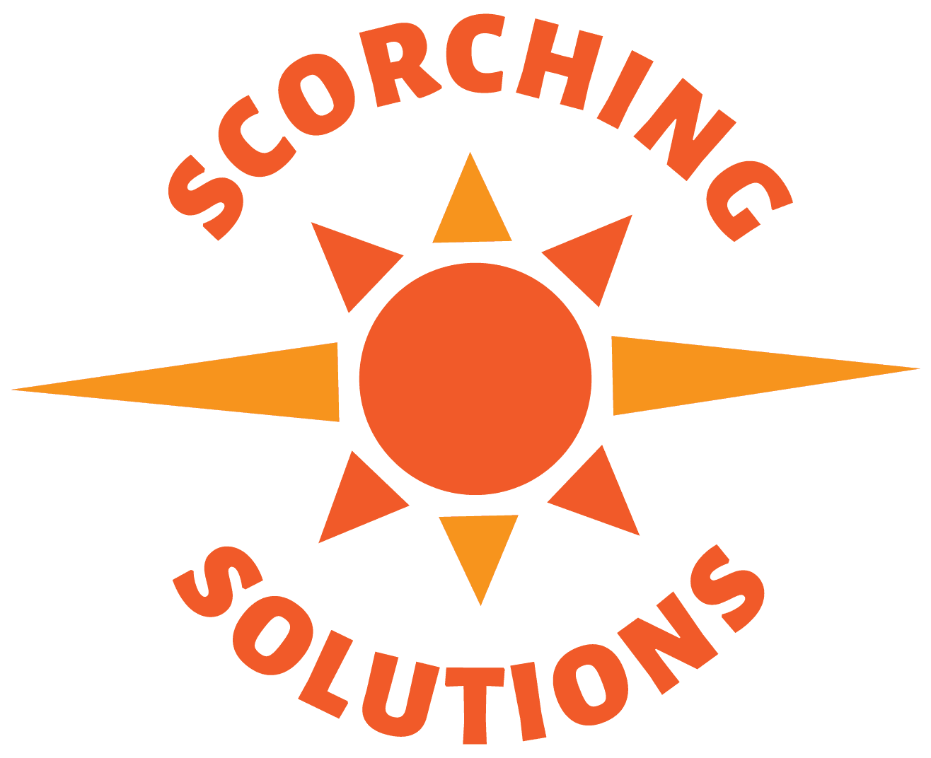Scorching Solutions logo featuring an orange sun with sharp rays and curved orange lettering.