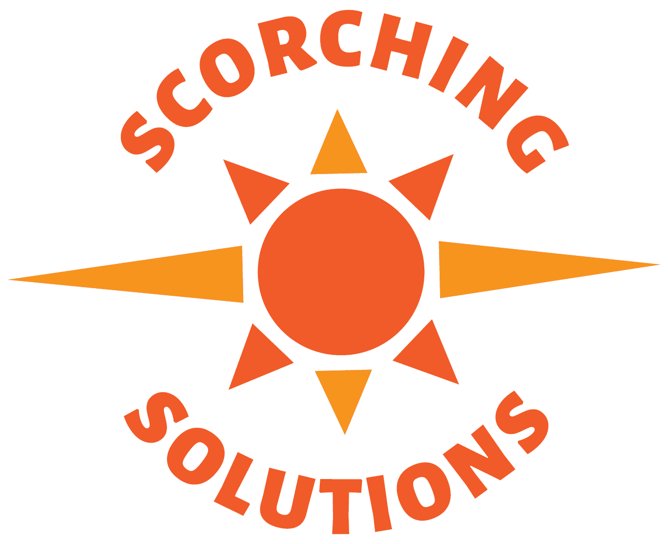 Orange sun logo with yellow rays and the text SCORCHING SOLUTIONS arched above and below.